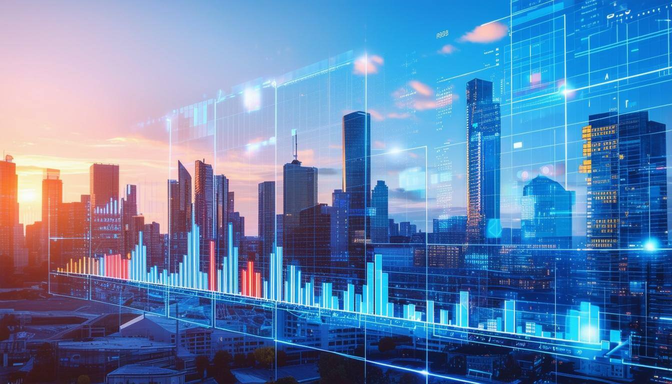 A modern daytime urban skyline with digital graphs, charts, or lease term highlights superimposed, symbolizing how Prophia integrates building portfol-1