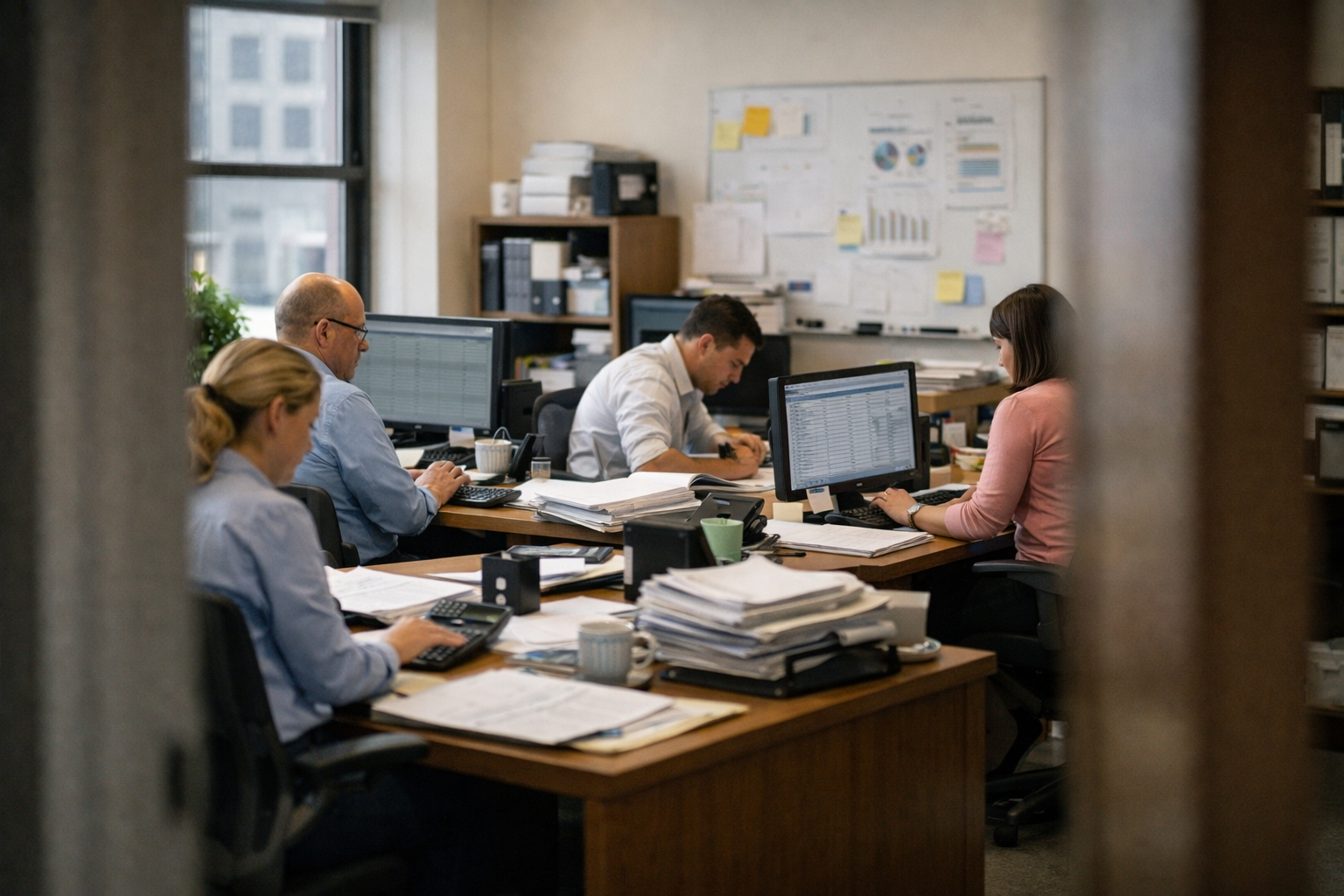 a team of accountants working in an office from a distance  that doesnt look AI generated